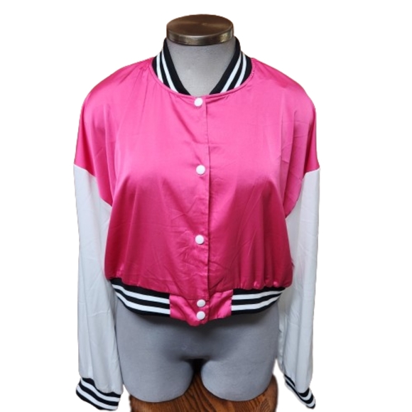 HOT PINK SATIN ☆ BASEBALL STYLE ☆ CROPPED LIGHTWEIGHT JACKET ☆ NWT - Picture 2 of 7